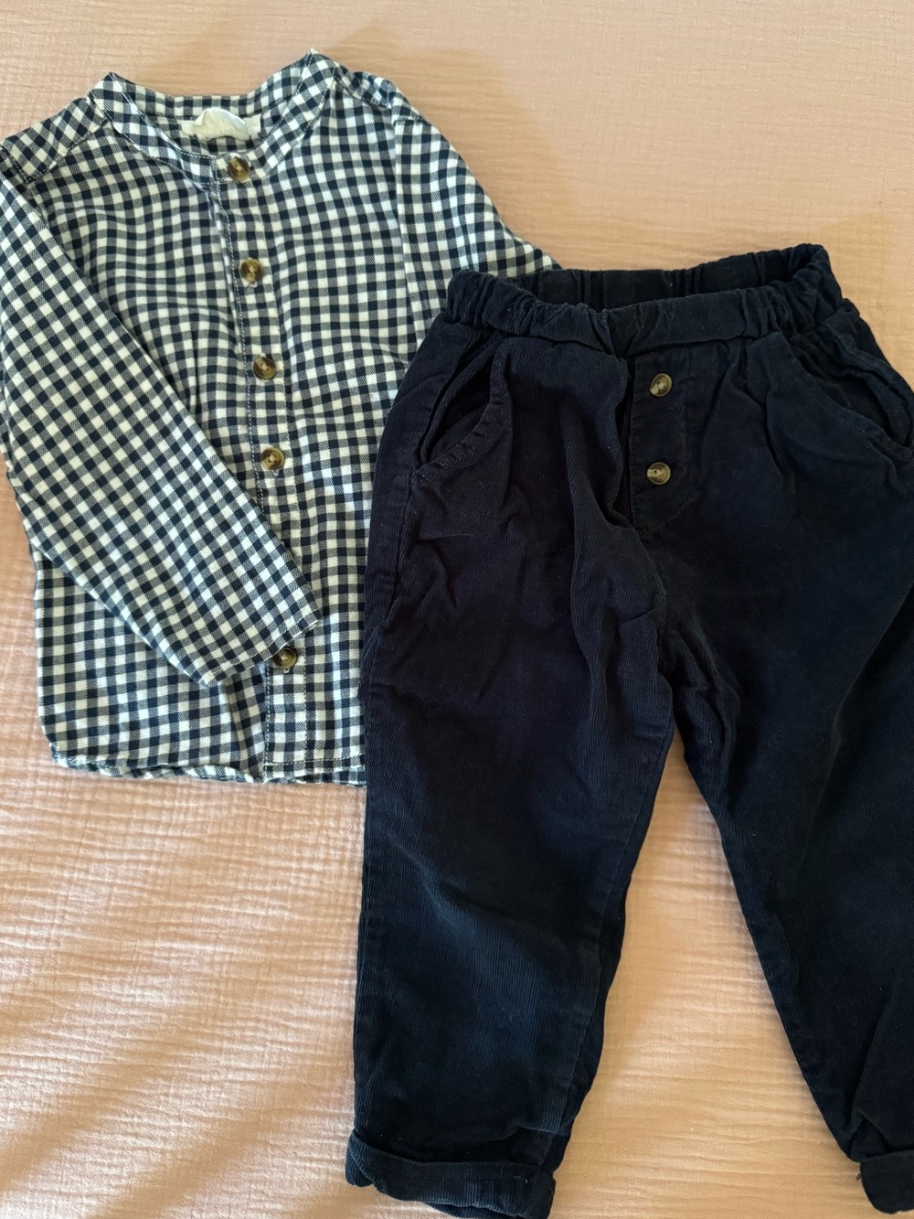 Petit Lem Navy and White Gingham Top with Navy Corduroy Pants Kids Matching Set